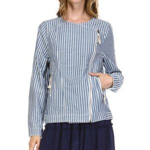 Denim & white striped asymmetrical zip jacket